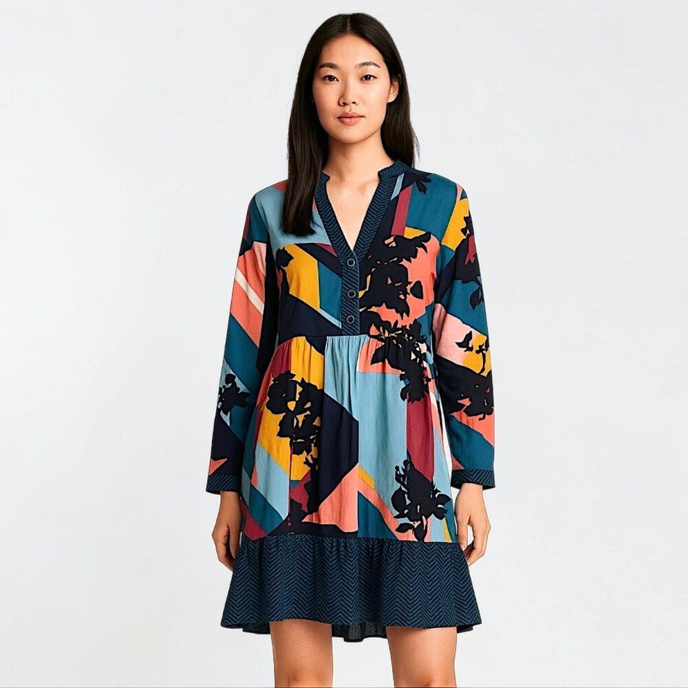 Anthropologie Maeve Gillian abstract artsy colorblock long sleeve ruffle dress S